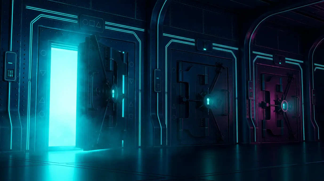 Three huge vault doors in the Game Factory, the first open and glowing, the others sealed