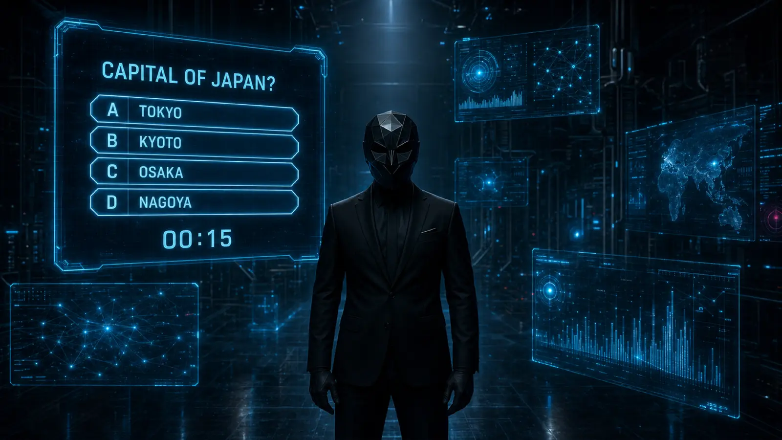 The Game Master standing among floating holographic quiz panels, data graphs glowing around him