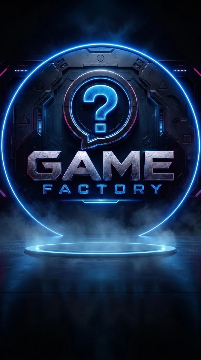 The Game Factory logo glowing above a stage in a dark arena